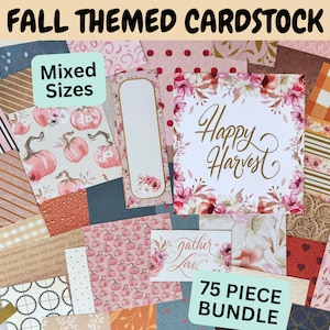 May include: A collection of fall-themed cardstock in mixed sizes. The assortment includes various patterns such as pumpkins, floral designs, stripes, and text. The color palette features shades of pink, orange, and brown. The bundle contains 75 pieces.