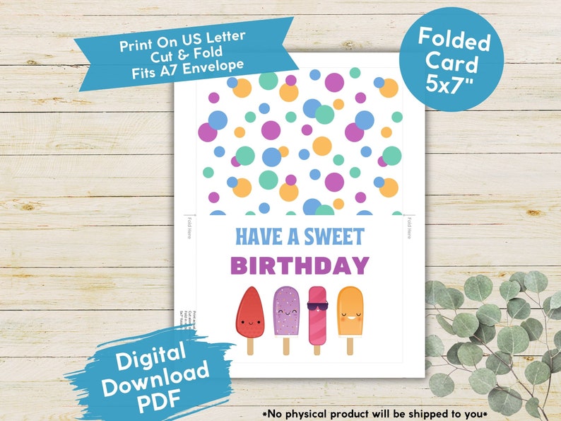 K&ouml;nnte beinhalten: Druckbare Geburtstagskarte mit einem bunten Punkte-Muster und dem Text "Have a Sweet Birthday". Die Karte ist so konzipiert, dass sie zugeschnitten und zu einer Karte im Format 12,7 x 17,8 cm gefaltet werden kann.