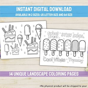 May include: A set of 14 printable colouring pages featuring ice cream and popsicle designs. The pages include phrases like "Sweet Treat", "Stay Cool", "Cool Vibes", and "Yummy".