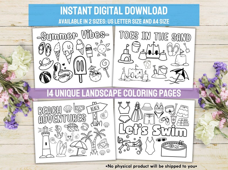 May include: Four black and white colouring pages with a summer theme. The pages feature images of ice cream, flip flops, beach umbrellas, sandcastles, seashells, and more. The text on the pages reads "Summer Vibes", "Toes in the Sand", "Beach Adventures", and "Let's Swim".