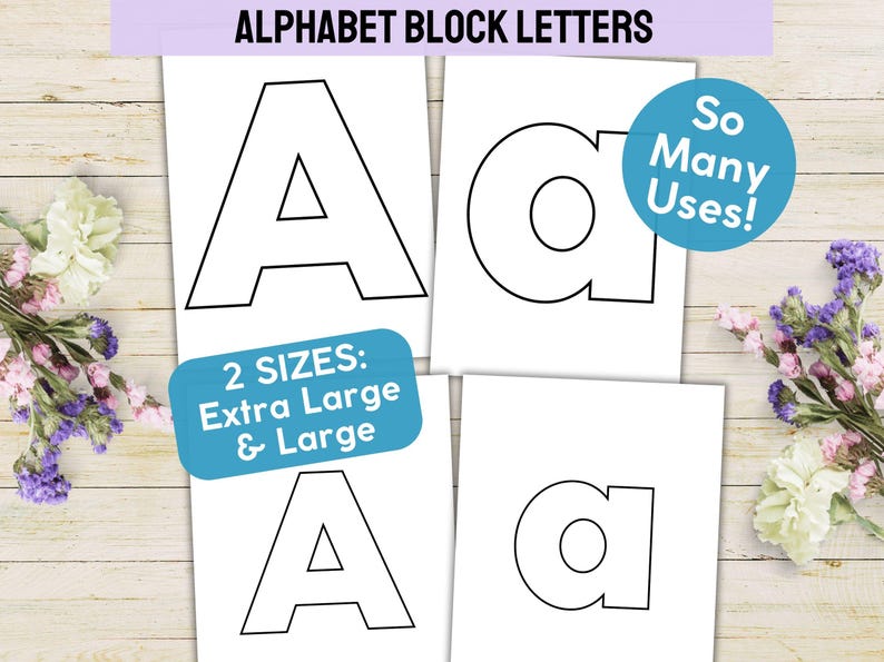 May include: White paper cutouts of the letters "A" and "a" in two sizes, extra large and large, with the text "ALPHABET BLOCK LETTERS". A blue circle reads "So Many Uses!"