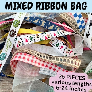 May include: A collection of 25 mixed ribbon pieces in various lengths ranging from 6 to 24 inches. The ribbons feature a variety of patterns, including gingham, plaid, floral, and geometric designs. The ribbons are perfect for crafting, decorating, and gift wrapping.
