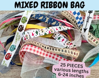 25 Piece Mixed Pattern Ribbon Grab Bag Bundle, Ribbon Assortment Package, Various Styles and Designs, Crafting Supplies For Bows and Wreaths