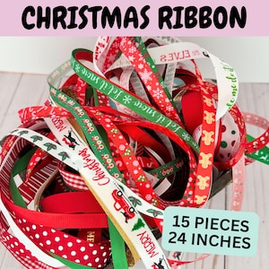 May include: A collection of 15 pieces of Christmas ribbon, each 24 inches long. The ribbons are red, green, and white with various Christmas-themed patterns and text, including "Let it snow", "Merry", and "Christmas".