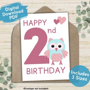 Happy 2nd Birthday Printable Card For Girls, Second Birthday Greeting, Cute Owl Card For 2 Year Old, Digital Age Specific Card For Kids
