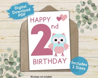 2. Geburtstag druckbare Karte für Mädchen, Gruß zum 2. Geburtstag, niedliche Eulenkarte für 2-jährige, digitale altersspezifische Karte für Kinder