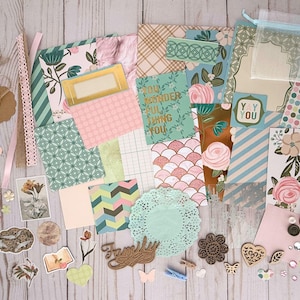 Golden Blush Junk Journal Craft Supply Bundle, Mixed Media Scrapbooking Supplies Grab Bag, Girly Pastel Themed Cardstock Variety Grab Bag