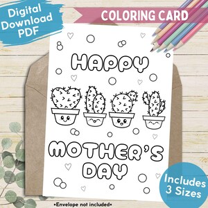 Carte imprimable à colorier avec cactus mignon, fête des mères, carte à imprimer pour les amateurs de jardin pour maman, carte de voeux à colorier pour plantes succulentes