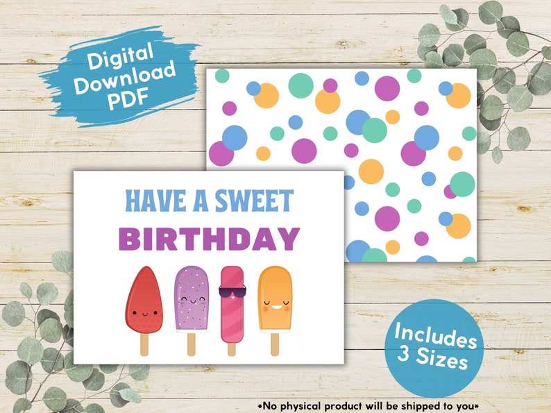 K&ouml;nnte beinhalten: Eine druckbare Geburtstagskarte mit einem bunten Konfetti-Hintergrund und der Aufschrift "Have a Sweet Birthday". Die Karte zeigt vier Comic-Eis am Stiel mit fr&ouml;hlichen Gesichtern.