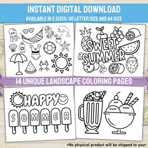May include: A set of 14 black and white summer-themed colouring pages. The pages feature images of a pineapple, watermelon, ice cream, popsicles, a beach umbrella, a hammock, a crab, a starfish, a sun, and the text "Sweet Summer" and "Happy Summer".