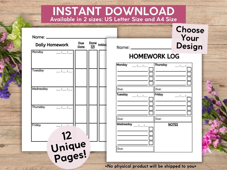 Homework Log and Planner Bundle in Black and White, Printable Weekly ...