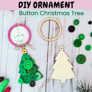 May include: DIY ornament craft kit featuring a wooden Christmas tree shape, a pink embroidery hoop with the words "I love you!" written inside, and a variety of green buttons.