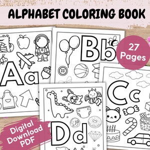 Páginas para colorear de letras del alfabeto para niños, lindo libro para colorear para niños pequeños, páginas para colorear alfabéticas, páginas para imprimir para preescolar y jardín de infantes, libro ABC para colorear