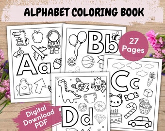 Alphabet Letter Coloring Pages For Kids, Cute Toddler Coloring Book, Alphabetic Coloring, Preschool Kindergarten Printable, ABCBook To Color