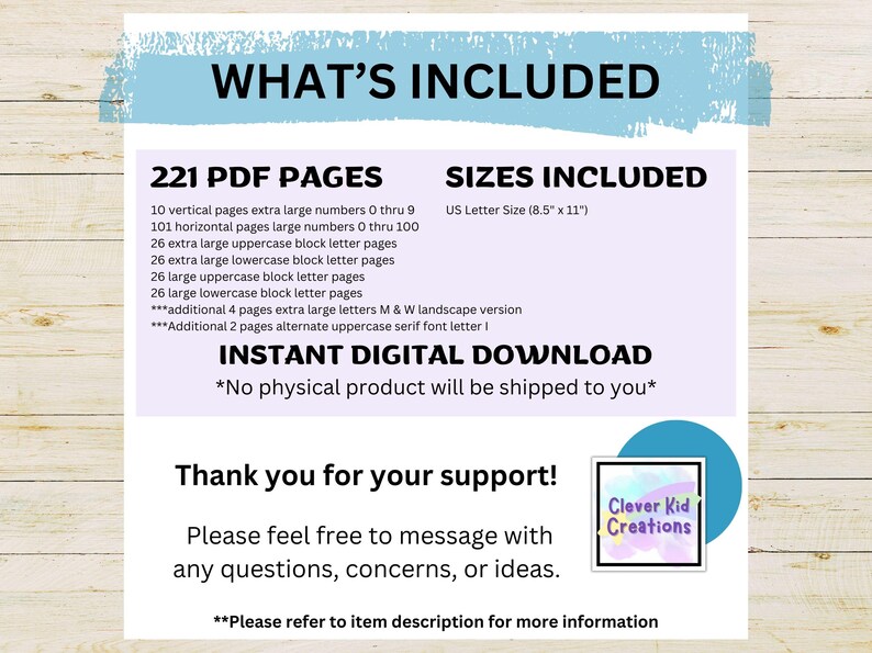 May include: A digital download product description with the text "WHAT'S INCLUDED" and "SIZES INCLUDED". The product includes 221 PDF pages, with various sizes and formats. The size is US Letter (8.5" x 11"). The text "INSTANT DIGITAL DOWNLOAD" is also included.