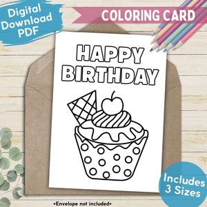 Cartão de colorir simples de feliz aniversário para imprimir para crianças, cupcake de festa para colorir para baixar, cartão de aniversário exclusivo e divertido faça você mesmo para ele ou ela