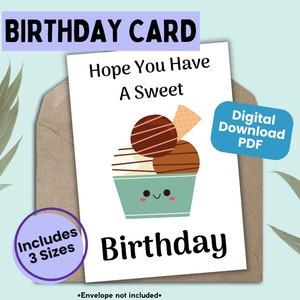 Cardação de feliz aniversário de sorvete infantil, cartão de felicitações de aniversário de verão simples para impressão, comemoração de festa de aniversário digital, desejos de BDAY