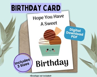 Kinder niedliche Eis alles Gute zum Geburtstag Karte, einfache druckbare Sommer Geburtstag Grußkarte, digitale Geburtstagsfeier Feier, BDAY Wünsche