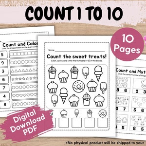 Op de afbeelding: Zwart-witte printbare werkbladen voor kinderen om te oefenen met tellen van 1 tot 10. De werkbladen hebben verschillende thema's, waaronder vormen, zoete lekkernijen en dieren. De tekst "Count and Color", "Count the sweet treats!" en "Count and Match" is opgenomen op de werkbladen.