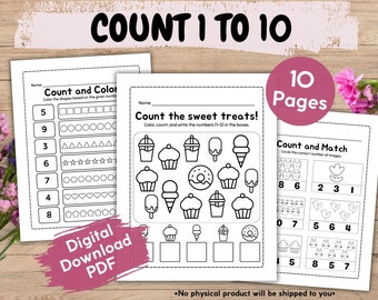 Count to Ten Printable Preschool Worksheet, Pre-K Counting Activities, Kids Learn To Count Math Activity, Toddler Fun Educational Matching