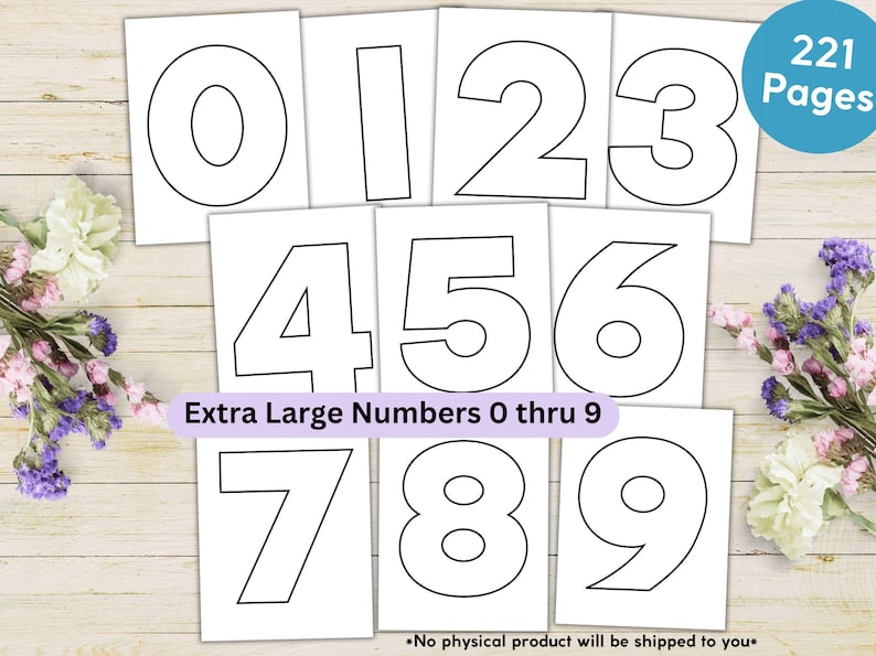 May include: A collection of white cards displaying the numbers 0 through 9 in a bold, outlined font. The text "Extra Large Numbers 0 thru 9" is visible. A circular graphic indicates "221 Pages". Floral arrangements frame the cards.