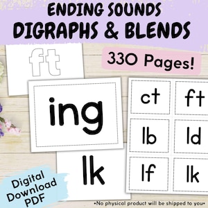 Digrammes et mélanges de sons de fin, cartes-éclair imprimables pour enfants, feuilles d'exercices et présentoirs pour s'exercer à la phonétique pour la classe, liste de fins de mots