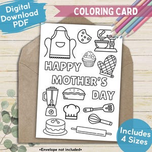Bakken Moederdag afdrukbare kaart kleurplaten van kinderen, schattige kleurbare kaart voor mama de bakker, handgemaakte ik hou van je mam-wenskaart pdf