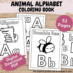 Páginas para colorear de animales alfabéticos simples para niños, libro para colorear de letras del alfabeto imprimible para niños pequeños, páginas para colorear fáciles y llamativas para preescolares