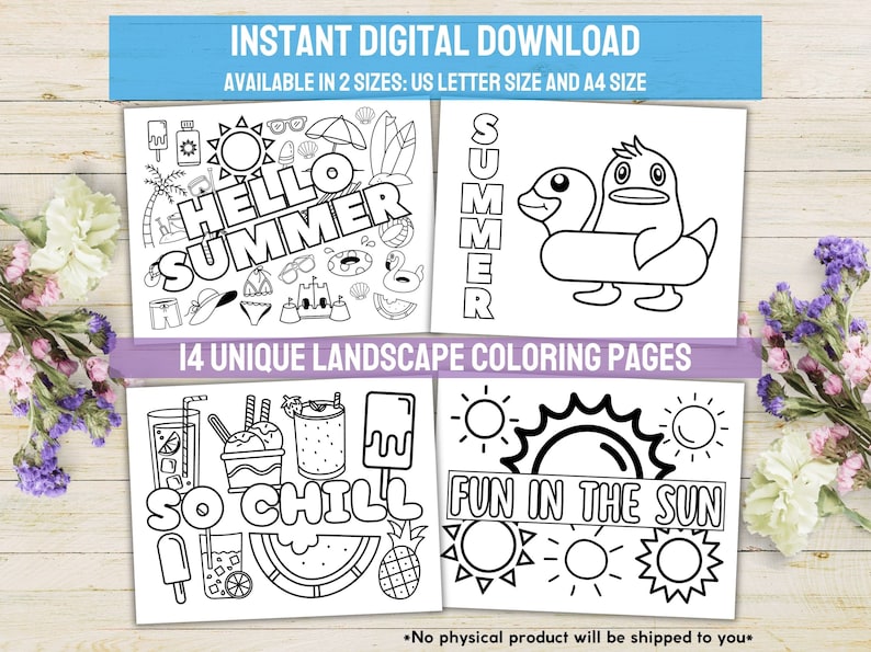 May include: A set of 14 black and white colouring pages featuring summer themes. The pages include images of a beach scene, a popsicle, a watermelon, a pineapple, a sun, and a duck on a float. The text "Hello Summer", "So Chill", and "Fun in the Sun" are included on the pages.