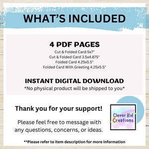 K&ouml;nnte beinhalten: Eine digitale Download-Liste f&uuml;r druckbare Gru&szlig;karten. Die Liste enth&auml;lt vier PDF-Seiten mit verschiedenen Kartengr&ouml;&szlig;en: 5x7 Zoll, 3,5x4,875 Zoll, 4,25x5,5 Zoll und 4,25x5,5 Zoll mit Gru&szlig;. Die Liste enth&auml;lt auch den Text "INSTANT DIGITAL DOWNLOAD" und "*Kein physisches Produkt wird an Sie versandt*" sowie ein Logo f&uuml;r "Clever Kid Creations".