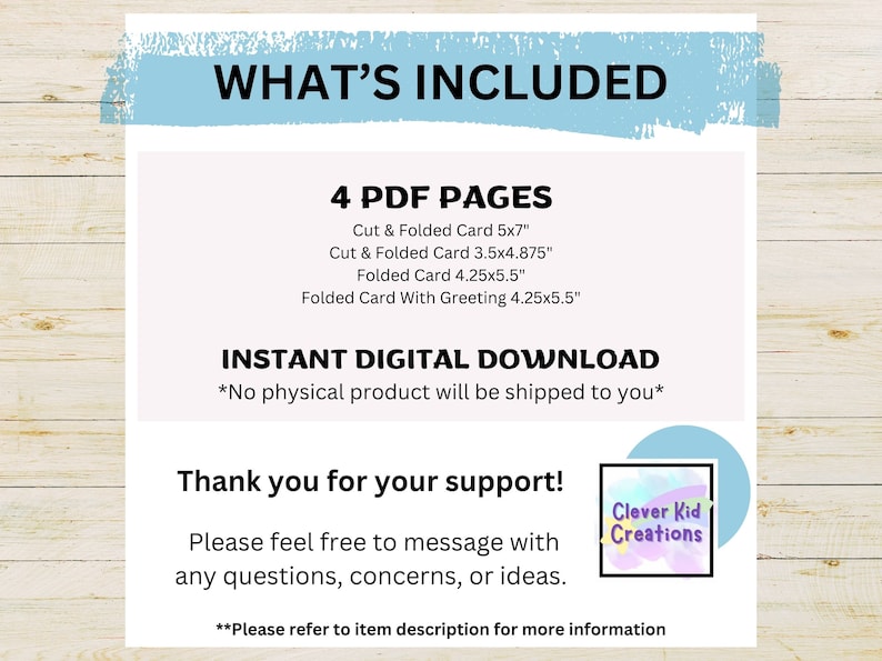 K&ouml;nnte beinhalten: Eine digitale Download-Liste f&uuml;r druckbare Gru&szlig;karten. Die Liste enth&auml;lt vier PDF-Seiten mit verschiedenen Kartengr&ouml;&szlig;en: 5x7 Zoll, 3,5x4,875 Zoll, 4,25x5,5 Zoll und 4,25x5,5 Zoll mit Gru&szlig;. Die Liste enth&auml;lt auch den Text "INSTANT DIGITAL DOWNLOAD" und "*Kein physisches Produkt wird an Sie versandt*" sowie ein Logo f&uuml;r "Clever Kid Creations".