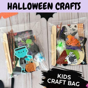 May include: Two clear plastic bags filled with Halloween craft supplies. The bags contain craft sticks, pipe cleaners, googly eyes, felt shapes, and other craft materials. The bags are labeled "Kids Craft Bag".