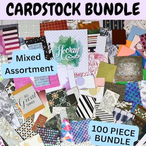 May include: A 100 piece cardstock bundle with a mixed assortment of patterns and colors. The cardstock is perfect for scrapbooking, card making, and other paper crafts.