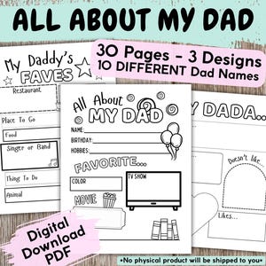 Könnte beinhalten: Schwarzweißes druckbares Aktivitätsheft für Kinder, um ihren Vater kennenzulernen. Das Heft hat 30 Seiten und 3 verschiedene Designs. Der Titel lautet "All About My Dad".