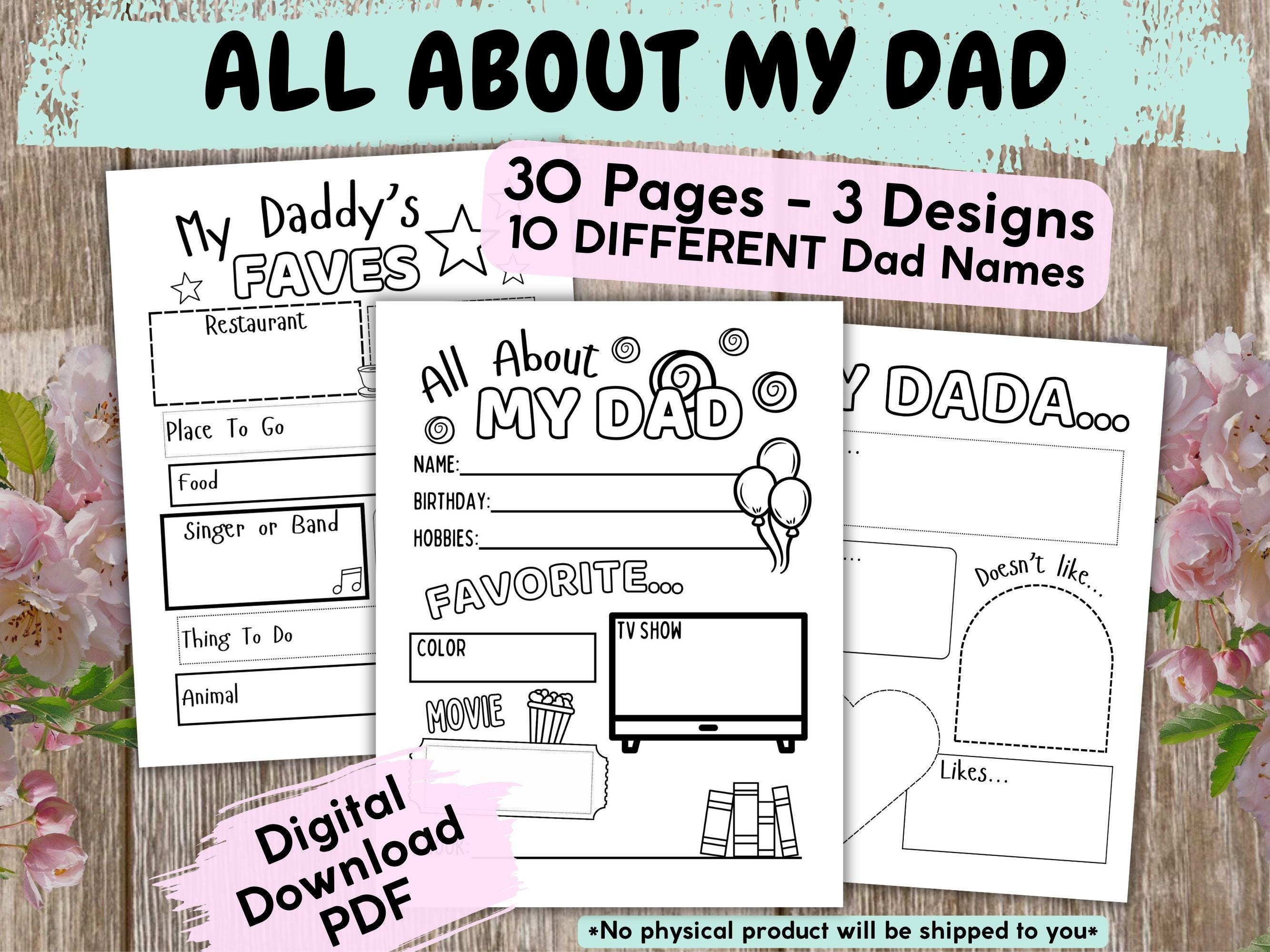 All About My Dad Printable Questionnaire Worksheet For Kids, Daddy Interview Questions, Father's Favorites Bundle, Dada Keepsake Memory Book