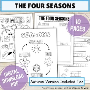 Four Seasons Printable Coloring Activity For Kids, Tracing and Cutting Toddler Practice Pages, Seasonal Preschool Worksheets For Classroom