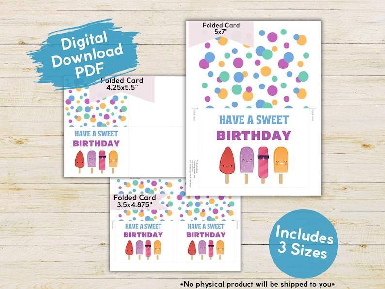 K&ouml;nnte beinhalten: Druckbarer digitaler Download von drei Gr&ouml;&szlig;en gefalteter Karten mit einem bunten Konfetti-Muster und Eis am Stiel-Illustrationen mit dem Text "Have a Sweet Birthday".