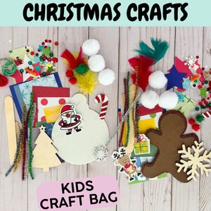 May include: A Christmas craft kit for kids with a variety of materials including felt, paper, pom-poms, and wooden shapes. The kit includes a gingerbread man, a snowflake, a Christmas tree, and a Santa Claus. The kit also includes a variety of colors and textures. "KIDS CRAFT BAG" is written on a pink label.