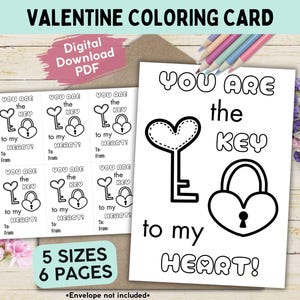 Tarjeta para colorear de San Valentín con la llave de mi corazón para niños, tarjeta imprimible para compartir en el aula por el día de San Valentín, saludo digital único para familiares y amigos