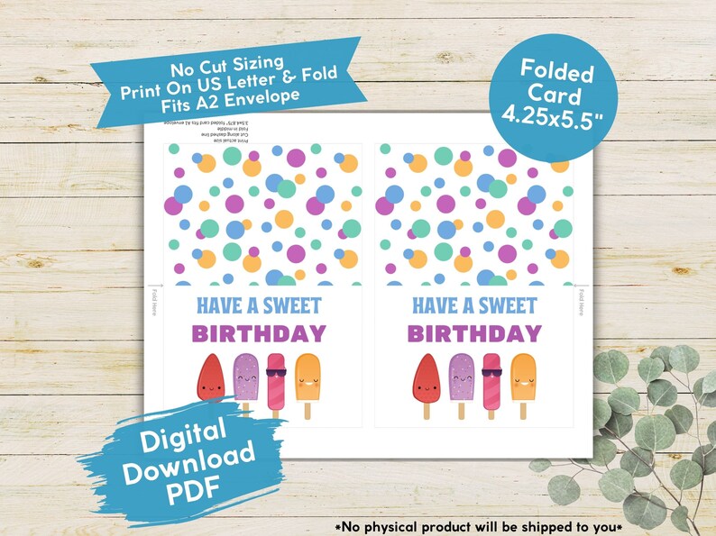 K&ouml;nnte beinhalten: Druckbarer digitaler Download von zwei Geburtstagskarten mit einem bunten Konfetti-Hintergrund und Illustrationen von Eis am Stiel. Die Karten sind so konzipiert, dass sie auf US Letter-Papier gedruckt und gefaltet werden k&ouml;nnen, um eine Karte im Format 4,25 x 5,5 Zoll zu erstellen.