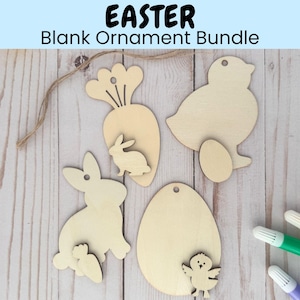 May include: A set of five unfinished wooden Easter ornaments. The ornaments are shaped like a carrot, a chick, an egg, and two bunnies. The ornaments are perfect for painting or decorating.