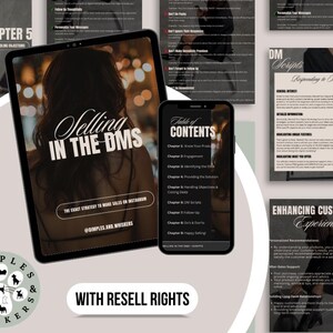 May include: A digital product cover with a woman's back facing the camera. The cover is for a guide titled "Selling in the DMS: The Exact Strategy to Make Sales on Instagram". The cover also includes the text "@Dimples and Whiskers" and "With Resell Rights".