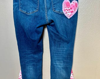 Upcycled Judy Blue Flare Jeans 14W: Pink Patchwork Heart Applique