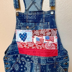 Upcycled Patriotic Flag Shortalls; USA Patchwork, Size 15/17