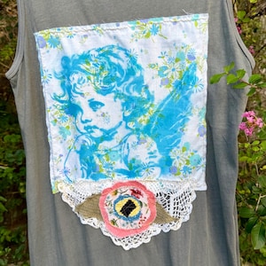Upcycled Boho Cherub Sleeveless Tshirt Dress: Vintage Patchwork Appliqués, Size L
