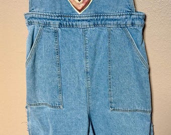 Upcycled Patchwork Applique Denim Bib Overalls; Size 8/10