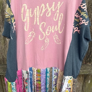 Upcycled Graphic T-Shirt Fringe Poncho Top: Rustic Patchwork