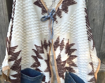 Chenille Western Shrug/Jacket: Denim Patchwork Pockets, One Size