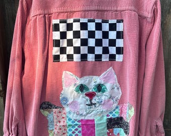 Upcycled Cat Patchwork Shirt Jacket; Size L-2X