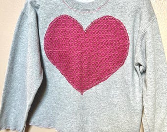 Upcycled Heart Sweatshirt: Vintage Hot Pink Embroidery, Medium